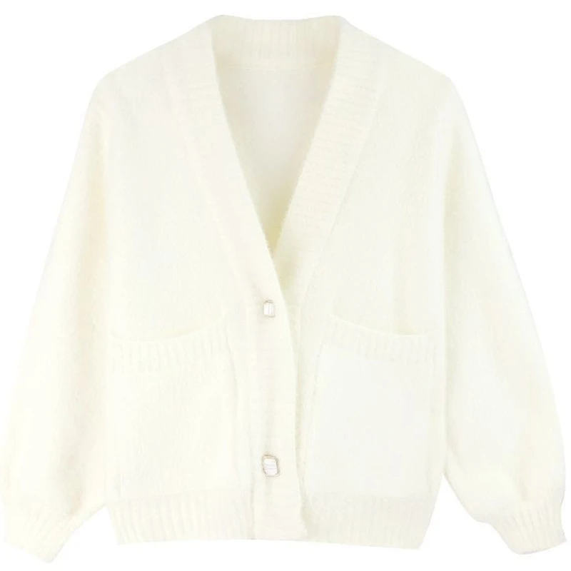 Winter Clothing Offer - Damski sweter rozpinany, biały, z dekoltem